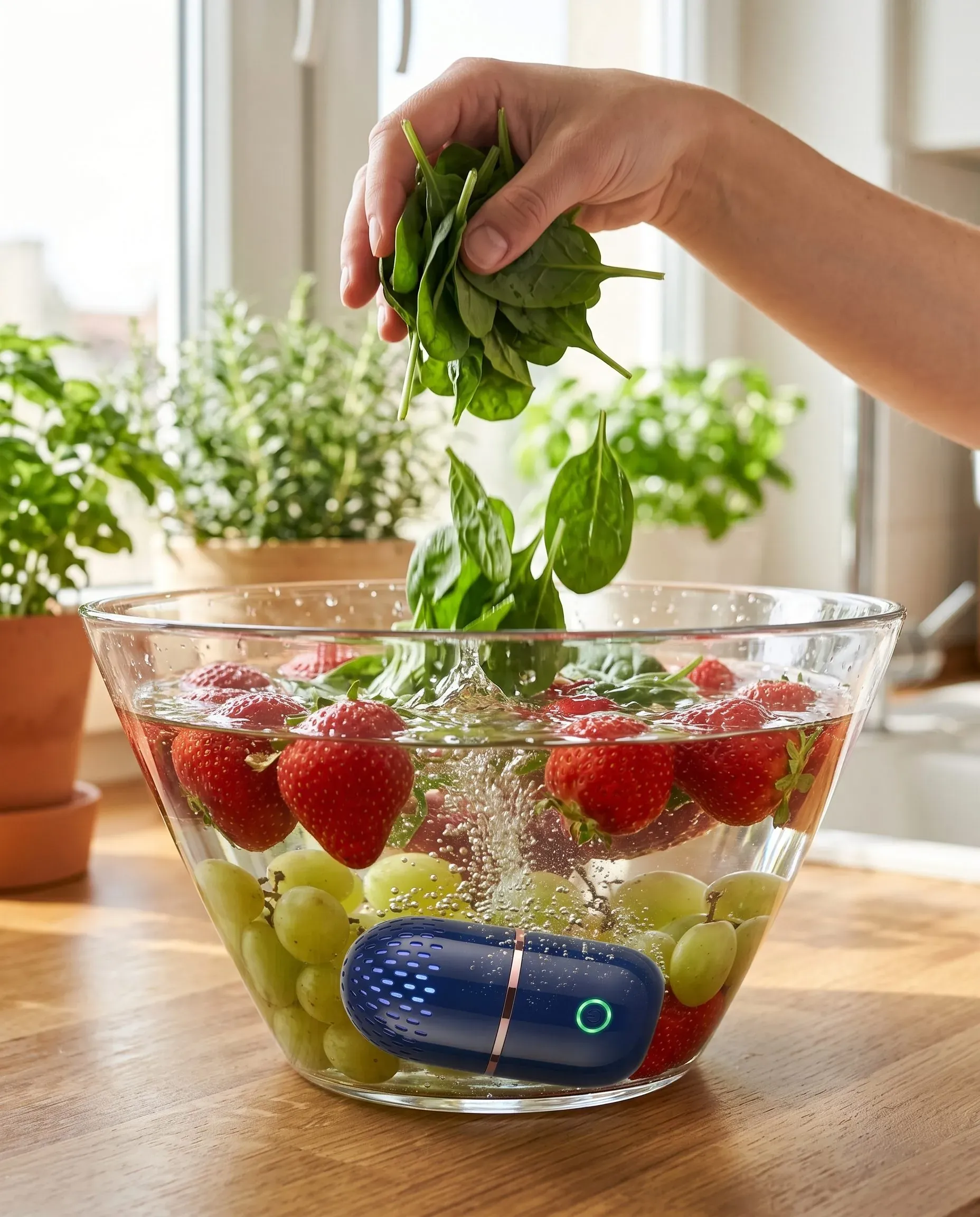 PodBloom Obst- und Gemüsereiniger in einer Schüssel mit frischen Lebensmitteln